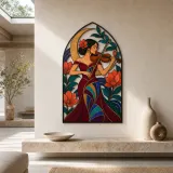 Woman Violinist with Flowers and Crescent Moon Colorful Metal Wall Art