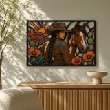 Cowgirl with Paint Horse and Desert Poppies Colorful Metal Wall Art