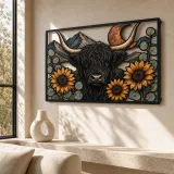 Black Highland Cow with Sunflowers and Copper Moon Colorful Metal Wall Art