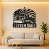 Personalized Tanker Semi Truck American Flag Metal Wall Art