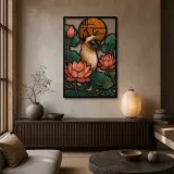Siamese Cat with Lotus Flowers and Copper Sun Colorful Metal Wall Art