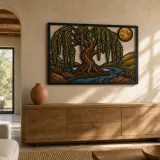 Willow Tree of Life beside Winding River Colorful Metal Wall Art