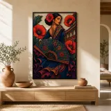Flamenco Woman with Fan and Red Poppies Colorful Metal Wall Art