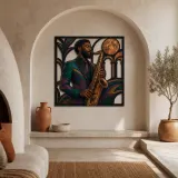Black Saxophone Player in Art Deco Jazz Scene Colorful Metal Wall Decor