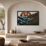Mid Century Ocean Waves beneath Abstract Sun Colorful Metal Wall Art