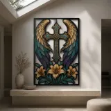 Angel Wings around Cross with White Lilies Colorful Metal Wall Art