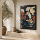 Japanese Potter with Crane Flowers and Moon Colorful Metal Wall Art
