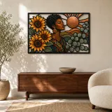 Donna Afro con Girasoli e Sole di Rame Insegna in Metallo Colorata