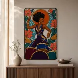 Batteur noir avec des fleurs tropicales et le soleil Art mural en métal coloré