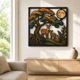 Tree of Life with Deer Family and Full Moon Colorful Metal Wall Art