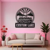 Personalized Pontoon Boat Metal Wall Art with Mountain Lake