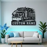 Personalized Logging Semi Truck Patriotic Mountain Metal Wall Art