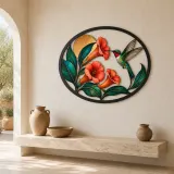 Hummingbird with Orange Trumpet Vine Flowers Colorful Metal Wall Art