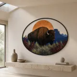 Bison in Desert Landscape beneath Copper Sun Colorful Metal Wall Art