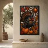 Turkey with Pumpkins and Autumn Oak Leaves Colorful Metal Wall Art