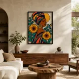 Insegna in metallo colorata della Donna Afro con Foulard e Girasoli e Colibrì