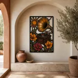 Vintage Gramophone with Colorful Flowers and Sun Metal Wall Art