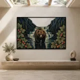 Brown Bear Standing in Mountain Waterfall Colorful Metal Wall Art