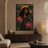 Afro Woman with Peonies and Celestial Moon Colorful Metal Wall Art