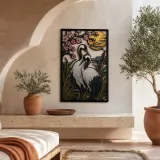Japanese Crane beneath Cherry Blossoms and Moon Colorful Metal Wall Art