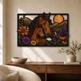 Giumenta e Puledro con Fiori Selvatici Colorati Insegna in Metallo