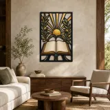 Offene Bibel mit Olivenzweigen und Strahlender Sonne Farbige Metall-Wandkunst