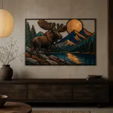 Moose beside Mountain Lake beneath Copper Moon Colorful Metal Wall Art