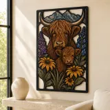 Highland Cow and Calf with Purple Wildflowers Colorful Metal Wall Art