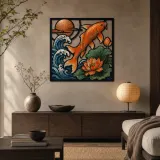 Orange Koi Leaping through Waves and Lotus Colorful Metal Wall Art