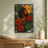 Afro Woman with Dahlias and Full Moon Colorful Metal Wall Art