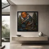 Mountain Lake Cabin beneath Full Moon Colorful Metal Wall Art
