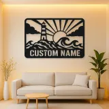 Personalized Lighthouse Metal Wall Art with Ocean Waves