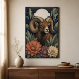 Bighorn-Schaf mit Sukkulenten und Bergklippen Farbige Metall-Wandkunst