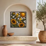Goldfinch Pair with Sunflowers and Golden Sun Colorful Metal Wall Art