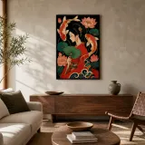 Donna Giapponese con Pesci Koi e Fiori di Loto Insegna in Metallo Colorata