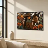 Cowgirl with Paint Horse and Desert Poppies Colorful Metal Wall Art