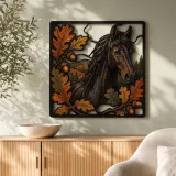 Black Horse with Autumn Oak Leaves Colorful Metal Wall Art
