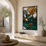 Tennis Player Serving on Outdoor Court Colorful Metal Wall Art
