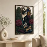 Tuxedo Cat on Books by Gothic Window Colorful Metal Wall Art