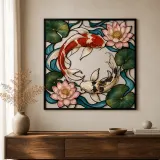 Koi-Fisch mit Lotusblumen in Ozeanwellen Farbige Metall-Wandkunst