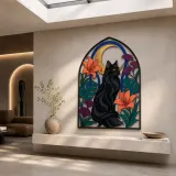 Black Cat with Tropical Flowers and Crescent Moon Colorful Metal Wall Art