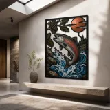 Salmon Leaping through Mountain River Rapids Colorful Metal Wall Art