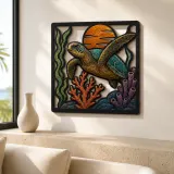 Sea Turtle Swimming through Colorful Coral Reef Metal Wall Art