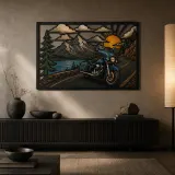 Touring Motorcycle beside Mountain Lake at Sunrise Colorful Metal Wall Art