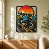 Vintage Motorcycle on Mountain Road at Sunset Colorful Metal Wall Art