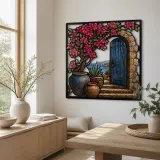 Blue Stone Arch Door with Bougainvillea and Sea Colorful Metal Wall Art
