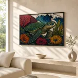 Sea Turtle with Coral and Ocean Wave Colorful Metal Wall Art
