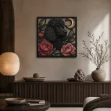 Black Poodle with Pink Peonies and Crescent Moon Colorful Metal Wall Art
