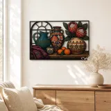 Decorative Pottery with Protea Flowers and Oranges Colorful Metal Wall Art