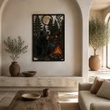 Black Bear by Cabin Campfire under Full Moon Colorful Metal Wall Art